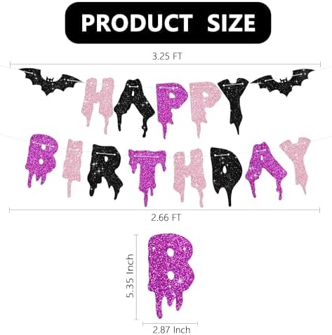Glitter Pink Purple Black Happy Birthday Halloween Banner - NO DIY - Halloween Hanging Paper Garland Bunting Banner Decorations, Party Supplies for Kids Boy Girl Birthday