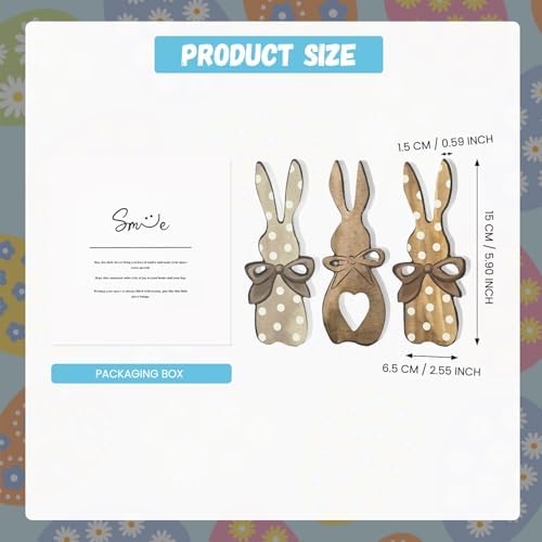 Wooden Easter Bunny Block Decor Set - 3-Piece Rustic Polka Dot Bunny with Bow Design, Farmhouse Style Tabletop Shelf Accents for Spring Holiday Home Decoration