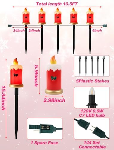 10.5FT Christmas Pathway Lights, 5PK LED Candle Yard Stake Lights