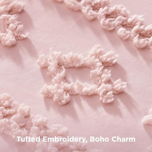 Bedsure Tufted Boho Comforter Set King Size - Pink Boho Bed Set, GentleSoft™ 3 Pieces Farmhouse-Style Embroidery