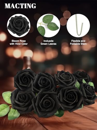 60PCS Black Artificial Flowers, Fake Roses for Halloween Decorations