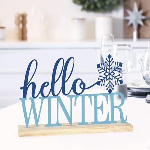 Metal Hello Winter Snowflake Sign Decorations for Home Party Shelf Mantel