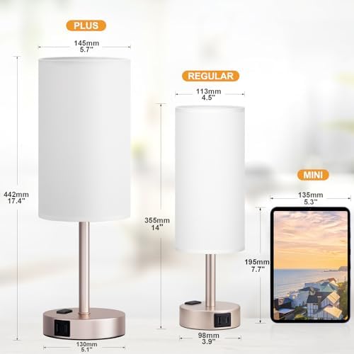 17.4" Antique White Lamp for Bedroom - Dimmable Touch, USB A+C, AC Outlet