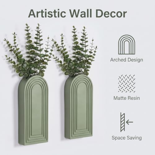 Dnnnii 2 Pack Wooden Wall Vase Set - Green Finish Modern Farmhouse & Boho Wall Decor for Entryway, Hallway, Bathroom