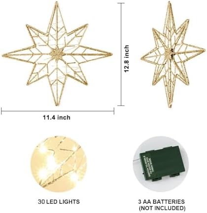 hogardeck Christmas Tree Topper, 12 Inches Lighted Gold Glittered 8-Point Star Tree Topper, 30 LED Sparkling Tree Toppers Christmas Decorations, Battery Powered Timer Xmas Treetop Star Decor