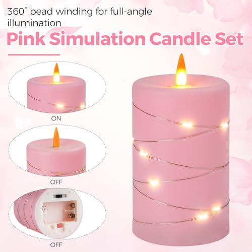 Rose Pink Flameless Candles with String Lights Battery Operated Flickering LED Pillar Candles with Remote Control Timer, Set of 3 for Living Room, Table Décor, Christmas Weddings