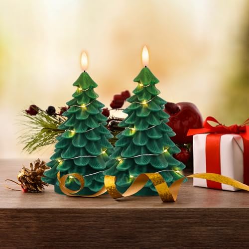Christmas Tree Candles with String Light & Remote Timer Green