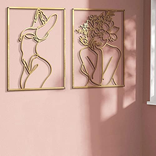 Glamativity Large 4 Pack Gold Wall Art Décor, Minimalist Décor Single Line Art Wall Décor, Real Metal Wall Art, Woman's