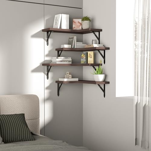 ROMGUAR CRAFT Corner Floating Shelves Wall Mounted Set of 4, Brown