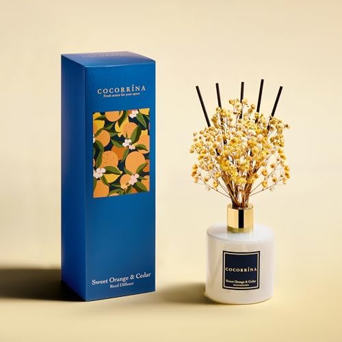 COCORRÍNA Reed Diffuser - Sweet Orange & Cedar 6.7 Fl.oz Reed Diffuser Set with Sticks & Preserved Baby's Breath, Reed