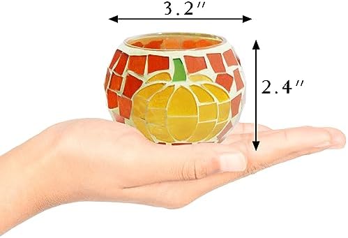 4 PCS Pumpkin Candle Holders, Fall Table Centerpiece Decorations, 100% Mosaic Glass Votive Tealight Candle Holders for Thanksgiving Halloween Indoor Outdoor Decor