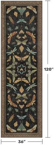 Green and Black 3x10 Wide Washable Runner Rugs for Hallway, Boho Insect Design Long Runner Rug for Kitchen Non Slip