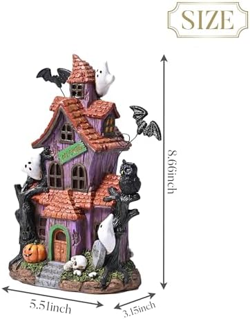 Valery Madelyn Halloween Decorations, Lighted Halloween Village Houses with LED Lights, Resin Spooky Town Happy Haunted House for Home and Party Table Desk Mantel, 9 Inch