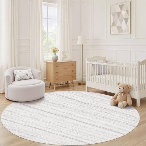 Nakagishi Round Rug Boho Area Rugs: 8x8 Washable Large Circle Neutral Soft Stain Resistant Non-Slip Carpet for Women