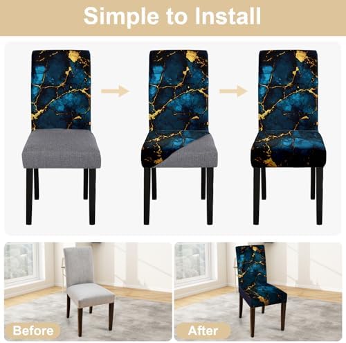 Luxury Marble Chair Covers for Dining Room – Stretch Blue and Gold Abstract Pattern Slipcovers – Modern Washable Seat Protector for Kitchen, Banquet, Office Decor, Set of 6