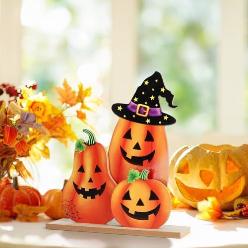 Halloween Decorations Indoor Wooden Pumpkin Halloween Decor Pumpkin Table Sign Centerpieces Standing Tabletop Decoration for Holiday Desk Tiered Tray Party Shelf Fall Autumn Decorations Farmhouse Home