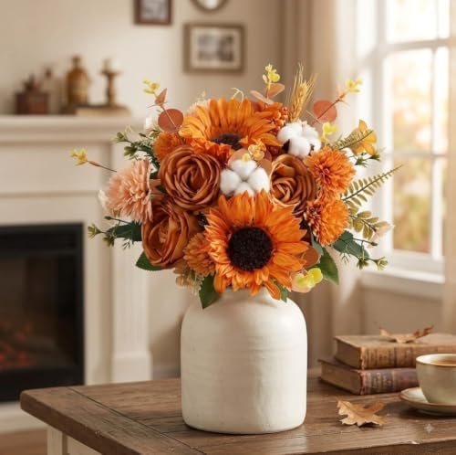 18Pcs Fall Flowers Artificial Cemetery Flowers for Grave Silk Sunflowers