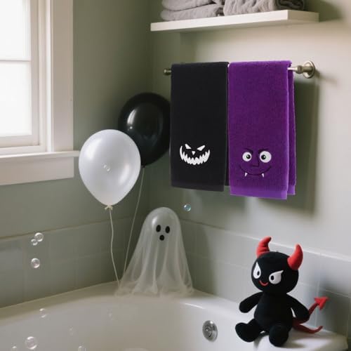 Whaline 4Pcs Halloween Hand Towels Spooky Pumpkin Face Monster Embroidered Cotton Bathroom Towel Absorbent Bath Towel for Hand Drying Cleaning Cooking, 29.5 x 13.7 Inch