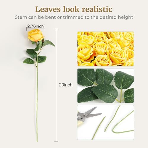 Auihiay 60PCS Yellow Roses Bulk, Yellow Velvet Silk Fake Roses