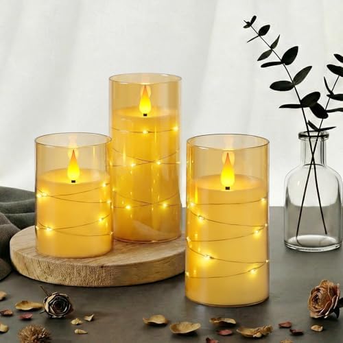 Homemory Flickering Flameless Candles, Gold LED Pillar Candles with Remote