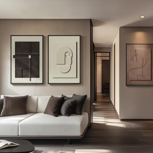 3D Large Framed Brown Abstract Wall Art for Living Room, 3Piece 24x36 In