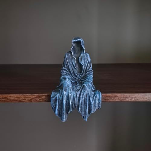 Gothic Home Decor, Resin Tabletop Gothic Sitting Figurine Shelf Sitter for Bookshelf and Desk, Grim Reaper Statue Ornament for Halloween Room Decor (Blue)