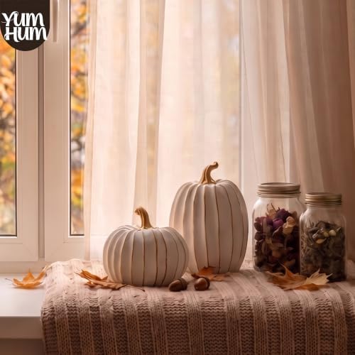 2Pcs Resin Pumpkin Figurines, Gold Stripe Fall Thanksgiving Decor