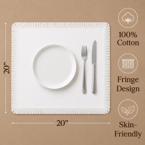 CLOUDLOOM 100% Cotton Fringe Cloth Napkins, White, Set of 6, 20"x20"