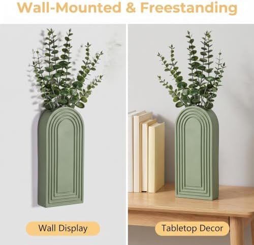 Dnnnii 2 Pack Wooden Wall Vase Set - Green Finish Modern Farmhouse & Boho Wall Decor for Entryway, Hallway, Bathroom