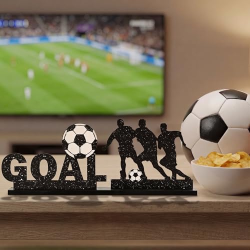 Smile Soccer GOAL Wooden Standing Decor Set, 2-Piece Black Player Silhouette & Text Tiered Tray Tabletop Signs with Stands for Game Day & Sports Party Decorations