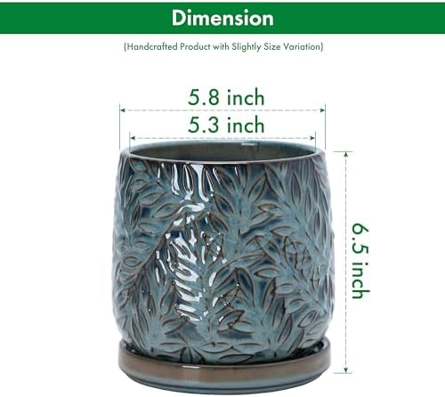 D'vine Dev Embossed Leaves Ceramic Planter, 6 in, Ocean Teal, 27-A-X-8