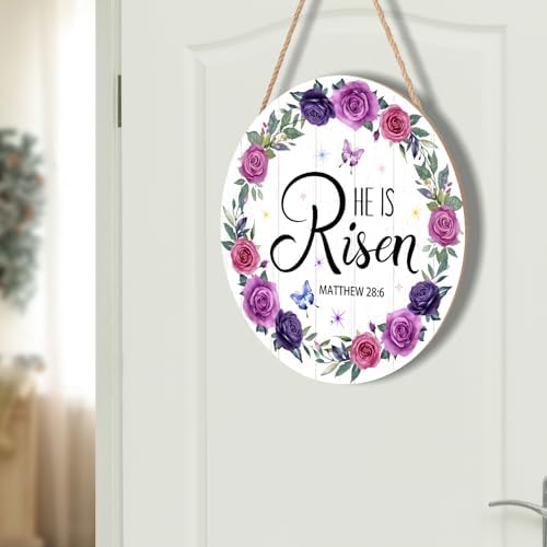 Harooni Easter Wall Hanging Decoration Sign, 12x12 Inch, He is Risen Wreath, Floral, Vertical, Unframed, Wooden, Indoor and Outdoor, Religious Holiday, Entryway