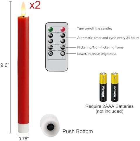 GenSwin Flameless Taper Candles with 10-Key Remote Timer, Set of 2 Red Real Wax LED Taper Candles Battery Operated, Flameless Candlesticks with 3D Wick for Halloween Christmas Decor(0.78” x 9.6”)