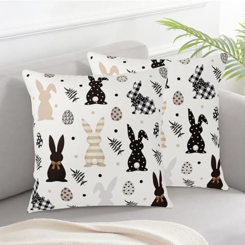 Easter Outdoor Bunny Pillow Covers 20x20 Set of 2 Black White Polka Dot Rabbit Eggs Pillow Case Farmhouse Holiday Cushion Covers for Sofa Couch Home Decor