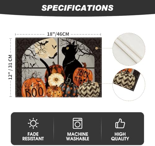 Artoid Mode Boo Black Cat Pumpkins Halloween Placemats Set of 2, Trick Or Treat 12x18 Inch Seasonal Fall Holiday Table Mats for Party Kitchen Dining Decoration