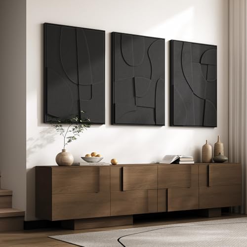 Large 3D Textured Modern Black Abstract Wall Art for Living Room, 3 Piece