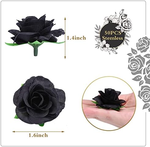 Kesote 50pcs Black Roses Artificial Flowers, 1.6" Small Silk Fake Roses