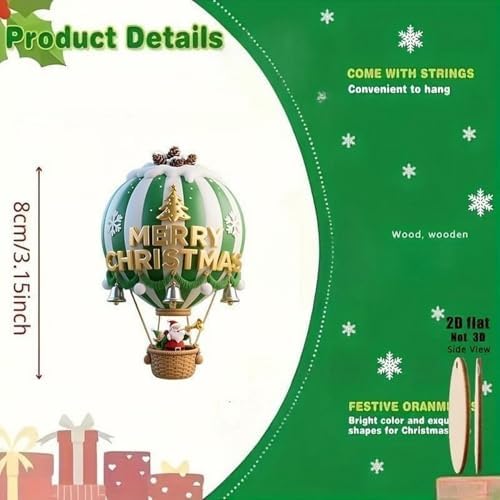10 Pcs Christmas Hot Air Balloon Hanging Ornaments Green 2D Wooden Christmas Tree Ornaments Decor Santa Claus in Hot Air Balloon Designs Mini DIY Hanging Pendants for Xmas Home Party