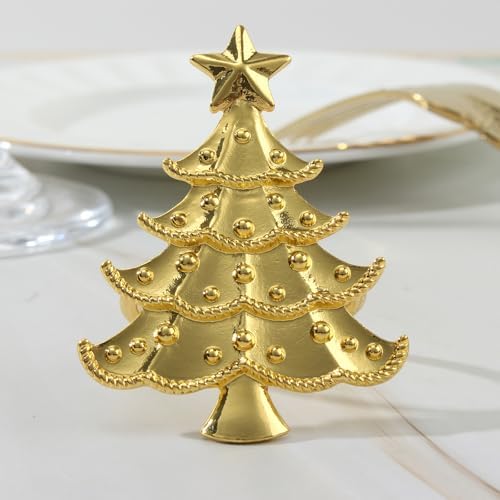 Gold Christmas Tree Napkin Rings Set of 6, Metal Winter Xmas Napkin Holders Wedding Dinner Home Table Decorations Winter Christmas Decors