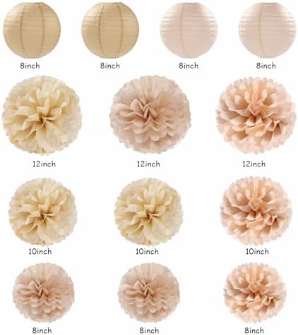 Beige-Champagne Gold White-Peach Boho Party-Decorations - 20pcs Neutral Baby Shower Rustic Wedding Paper Lanterns Fans,Tissue Pom Poms,Honeycomb Balls,Bunting,Birthday Bridal Decor Burgleda