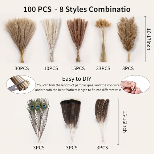 Bpole Dried Pampas Grass 100 Pcs 16-17in Boho Bouquet