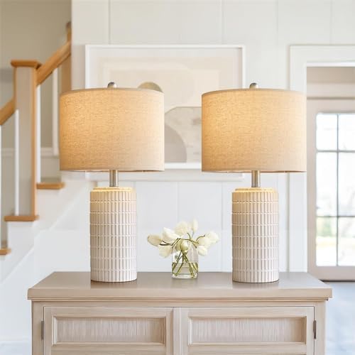 PoKat 24" Modern Ceramic Table Lamps Set of 2 for Bedroom, White Bedside Lamps for Night Stands, Farmhouse Desk Decor