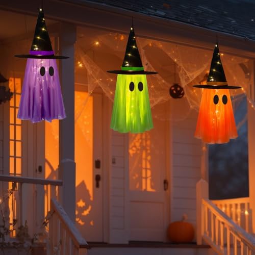 DAZONGE 3 Pack Light-up Halloween Hanging Witch Ghost Decor Outdoor