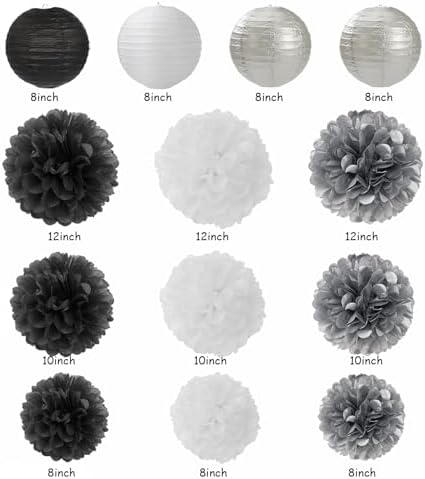 Black White Silver Party Decorations - 20pcs New Year Men Birthday Paper Lanterns Fans,Tissue Pom Poms,Honeycomb Balls,Bunting,Wedding Bachelorette Bridal Graduation Baby Decor Burgleda