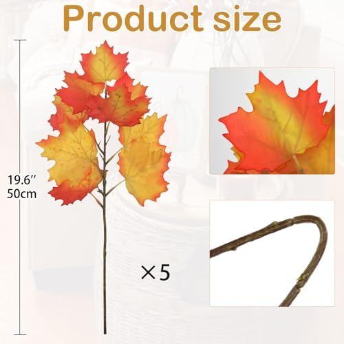 5 Pcs Fake Fall Maple Leaves Stems Artificial Autumn Foliage Branches