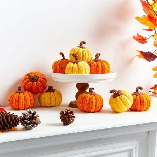 DUQGUHO Orange Pumpkin Decor Crochet Small Decorative Pumpkins Knitted Gift Mantel Thanksgiving Table Decorations 5 Pcs