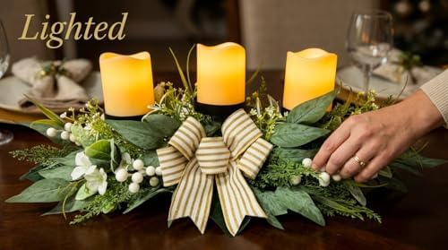 Svndlyn 26 Inch 3 Candle Holder Centerpiece with Greenery and Striped Bow