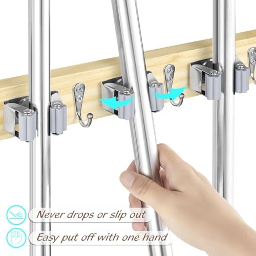 OUTNILI Mop and Broom Holder Wall Mount - Light Wood Broom Mop Hanger - Wall Mounted Garden Tool Rack Organizer for