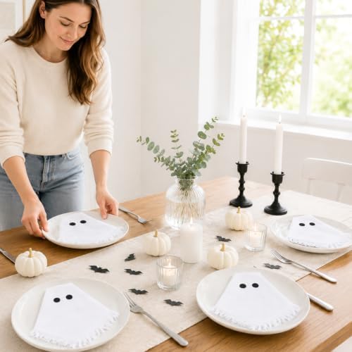 Whaline 8 Pcs Halloween Cloth Napkins with Fringe Spooky White Ghost Dinner Napkin Washable Reusable Cotton Napkin for Halloween Party Home Kitchen Dining Table Decoration, 18 x 18 Inch