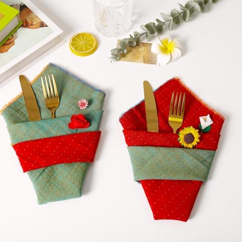 Christmas Cloth Napkin Double-Layer Set of 10, 100% Cotton Red & Green AB Surface Reusable Napkins for Christmas, Weddings, Banquet, Festival Event, Home Decor(Red-Green)